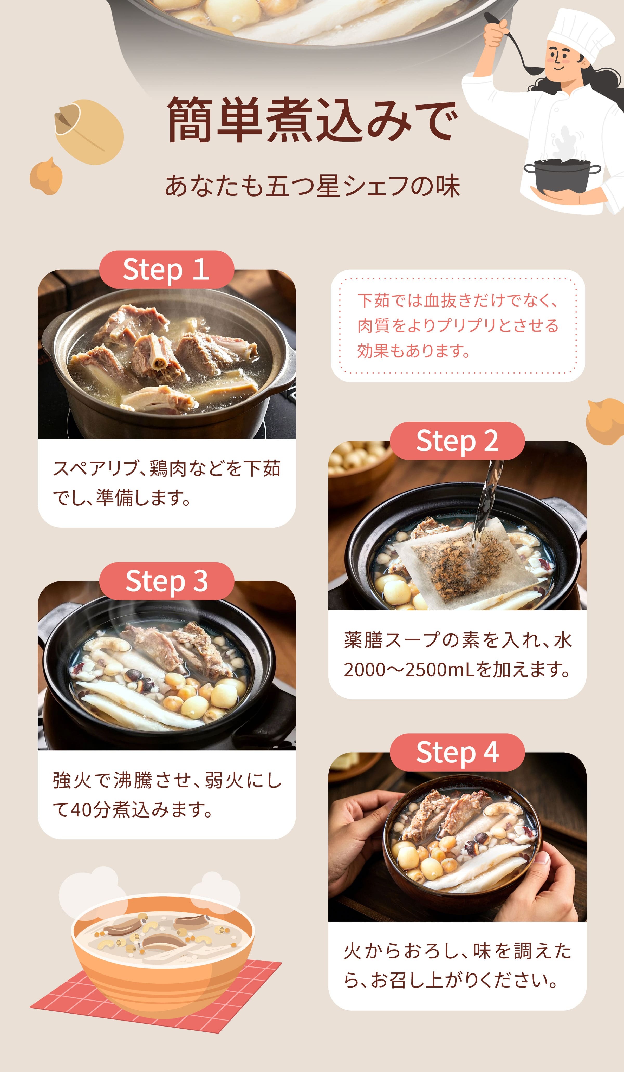 Dengyi 薬膳スープキット - 登義四神湯 の淹れ方