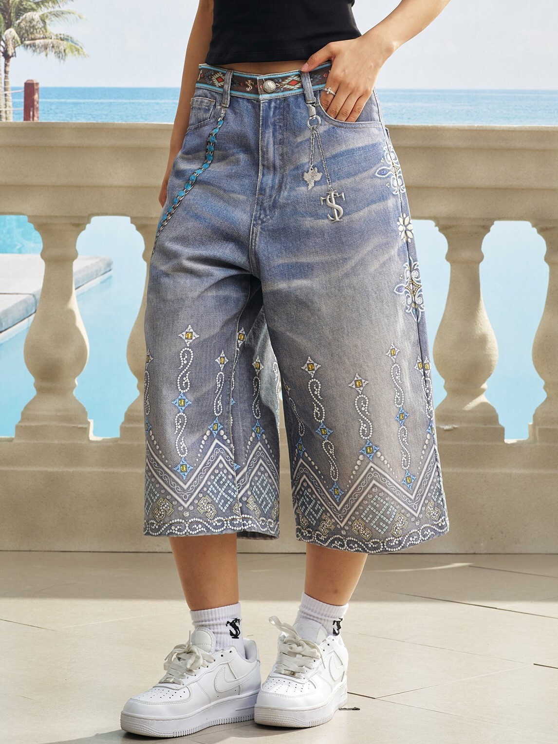 STK SmallTownKid 民族風 寶石 3D打印 七分牛仔短褲