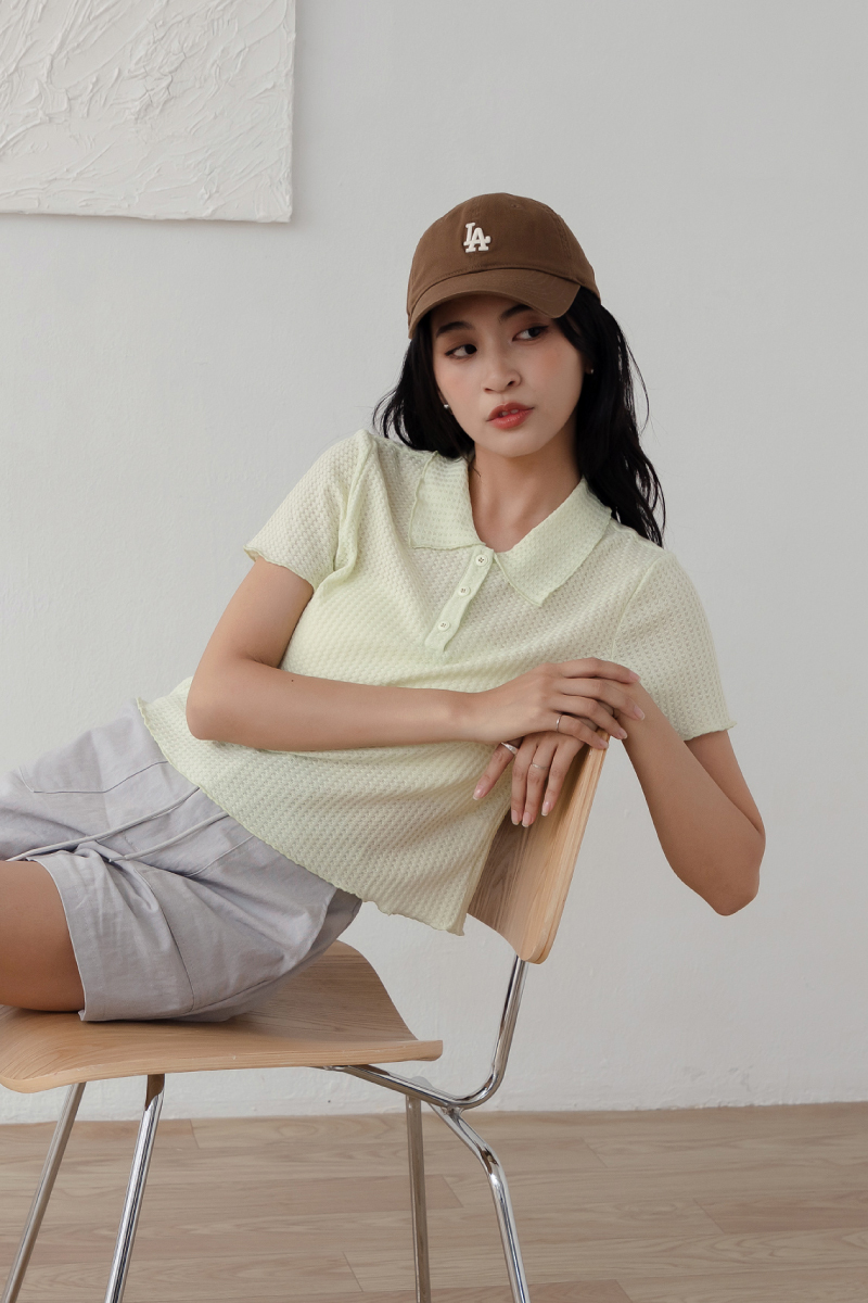 不修邊甜美襯衫領短袖