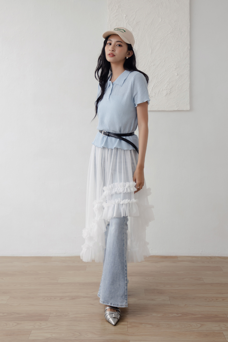 不修邊甜美襯衫領短袖