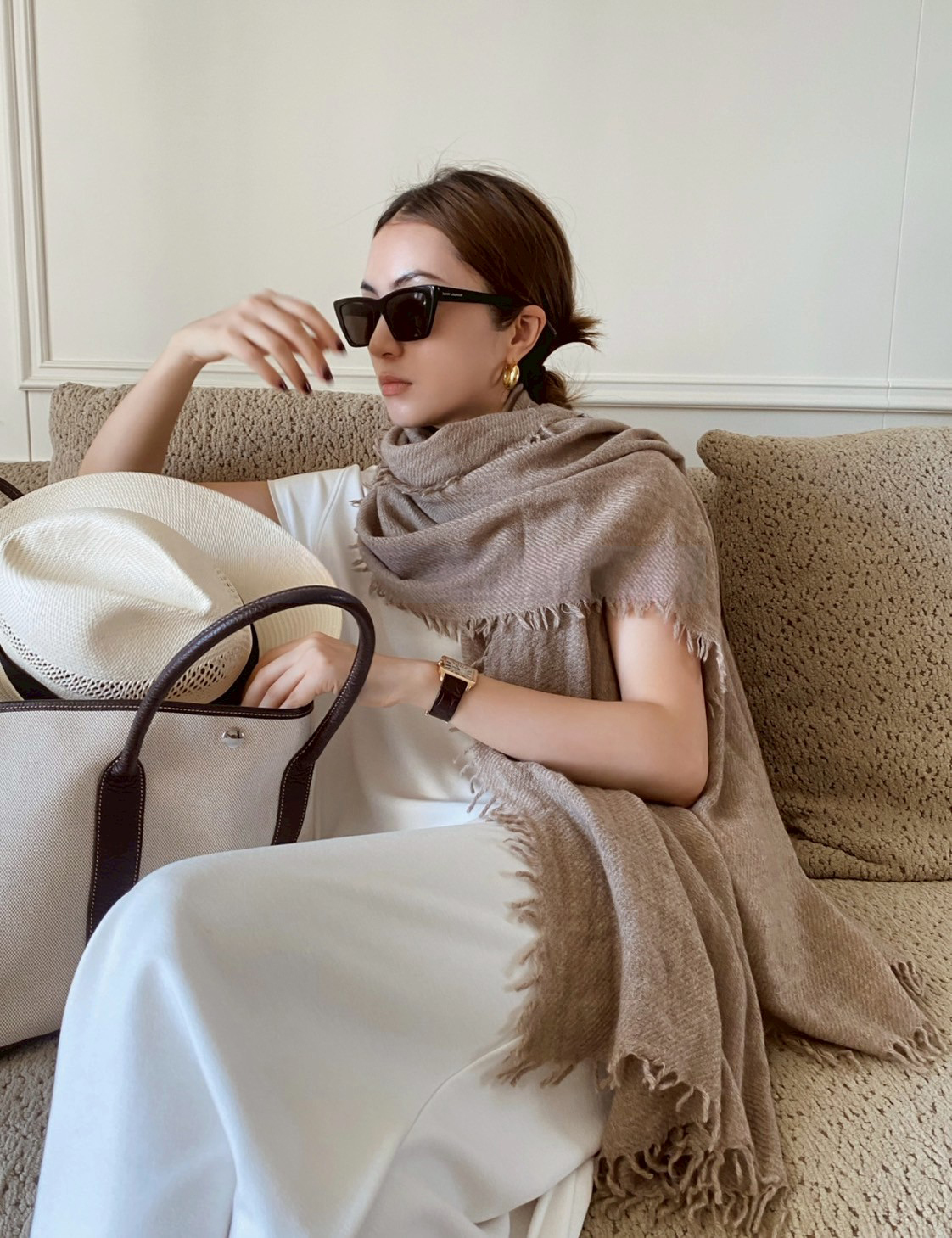 摩卡棕100%山羊絨流蘇感圍巾-F (Elegant & Love)