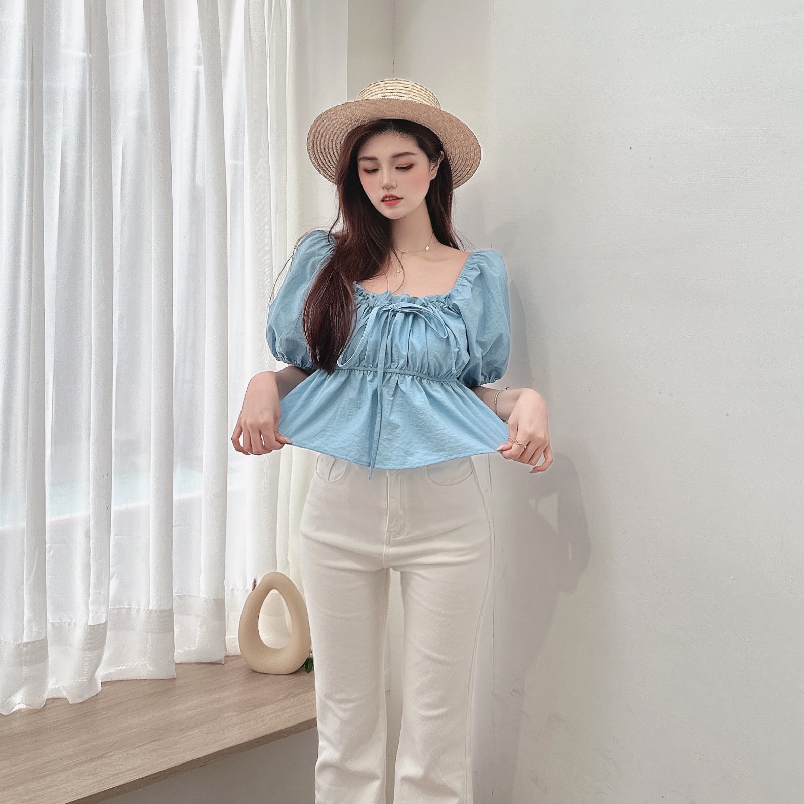 蝴蝶結綁帶泡泡上衣/三色