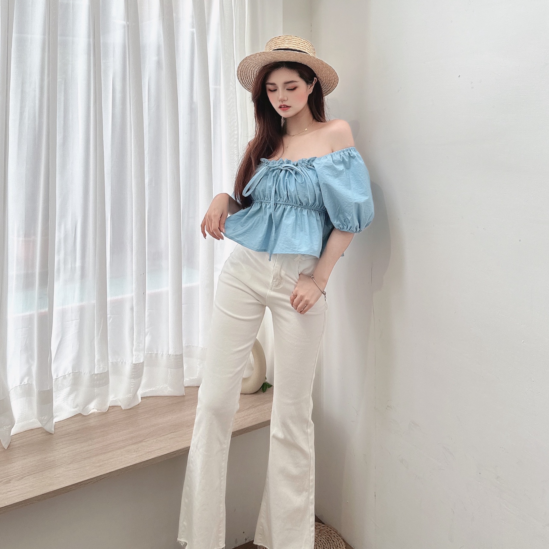 蝴蝶結綁帶泡泡上衣/三色