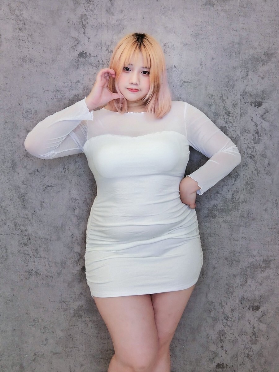 網紗拼接桃心領抓皺短洋