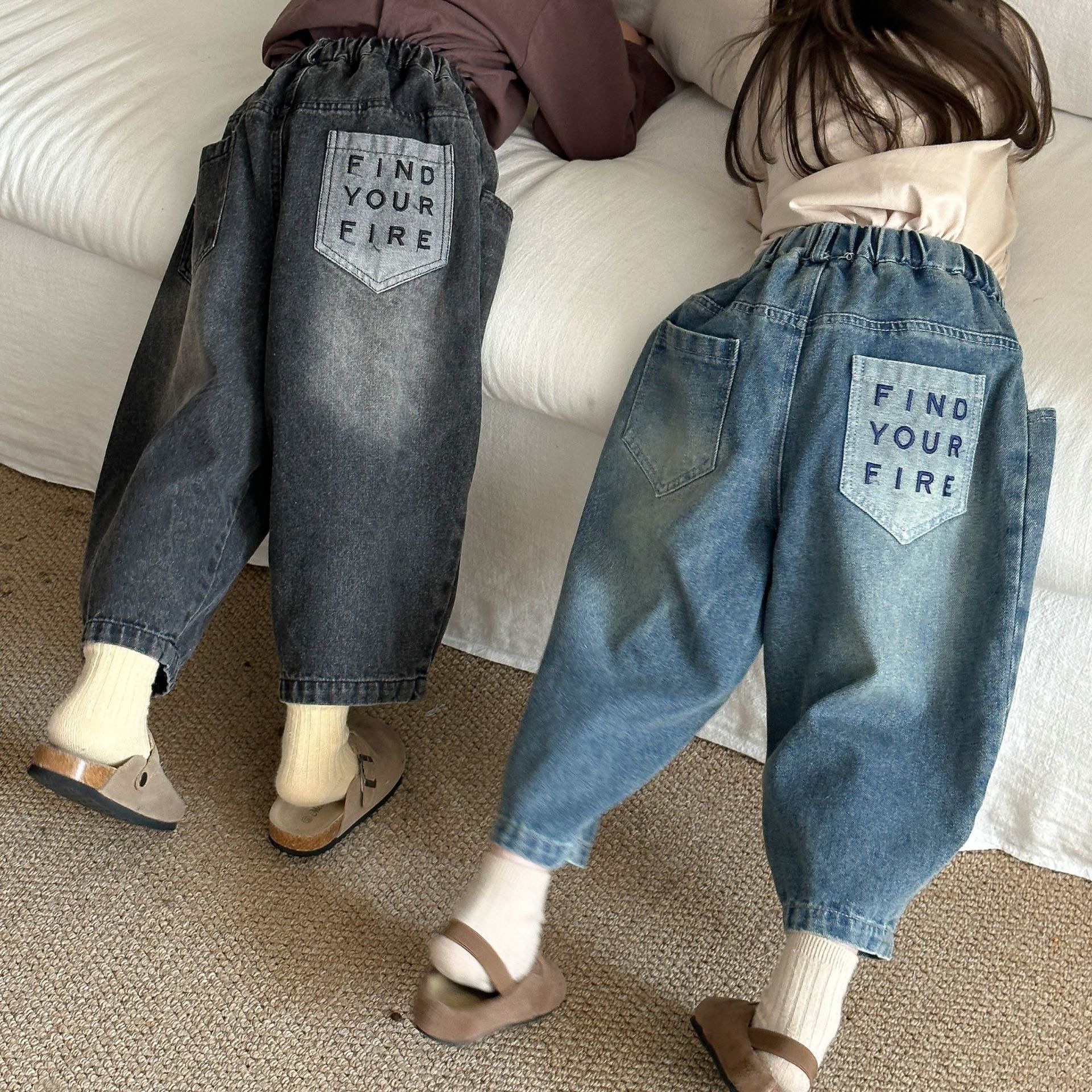 復古刷白彎刀褲