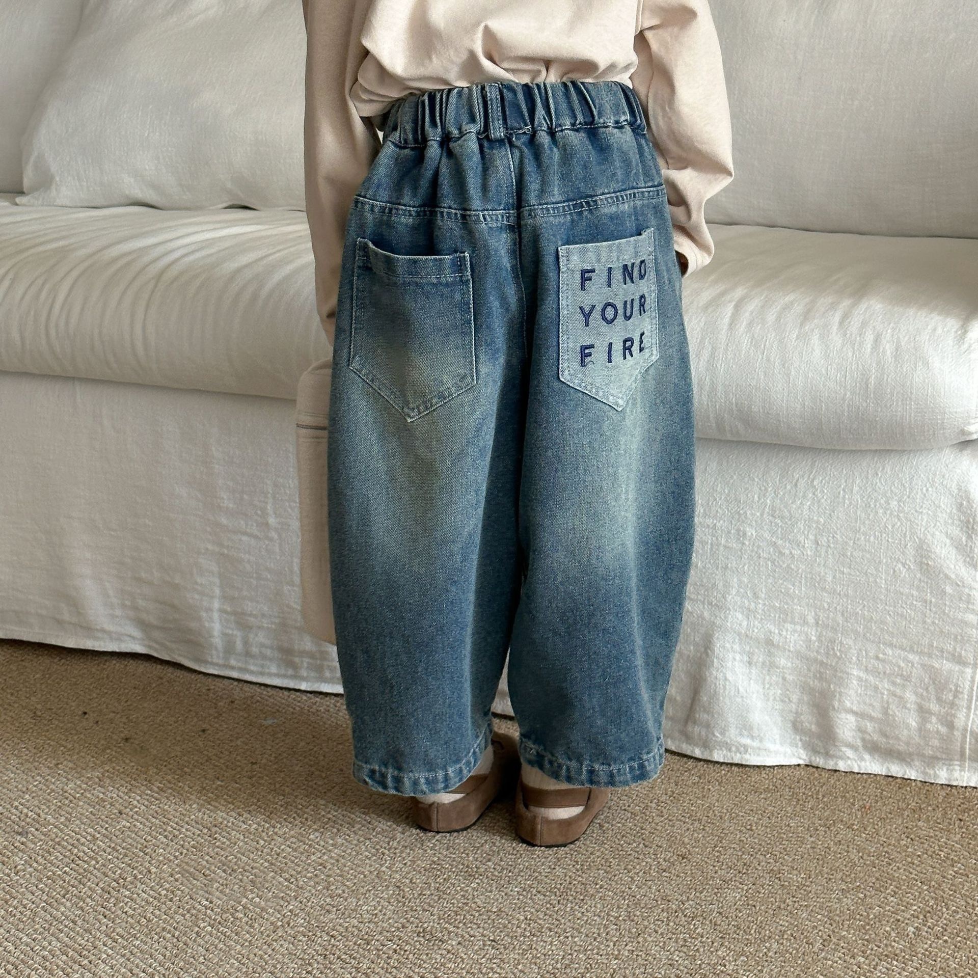 復古刷白彎刀褲