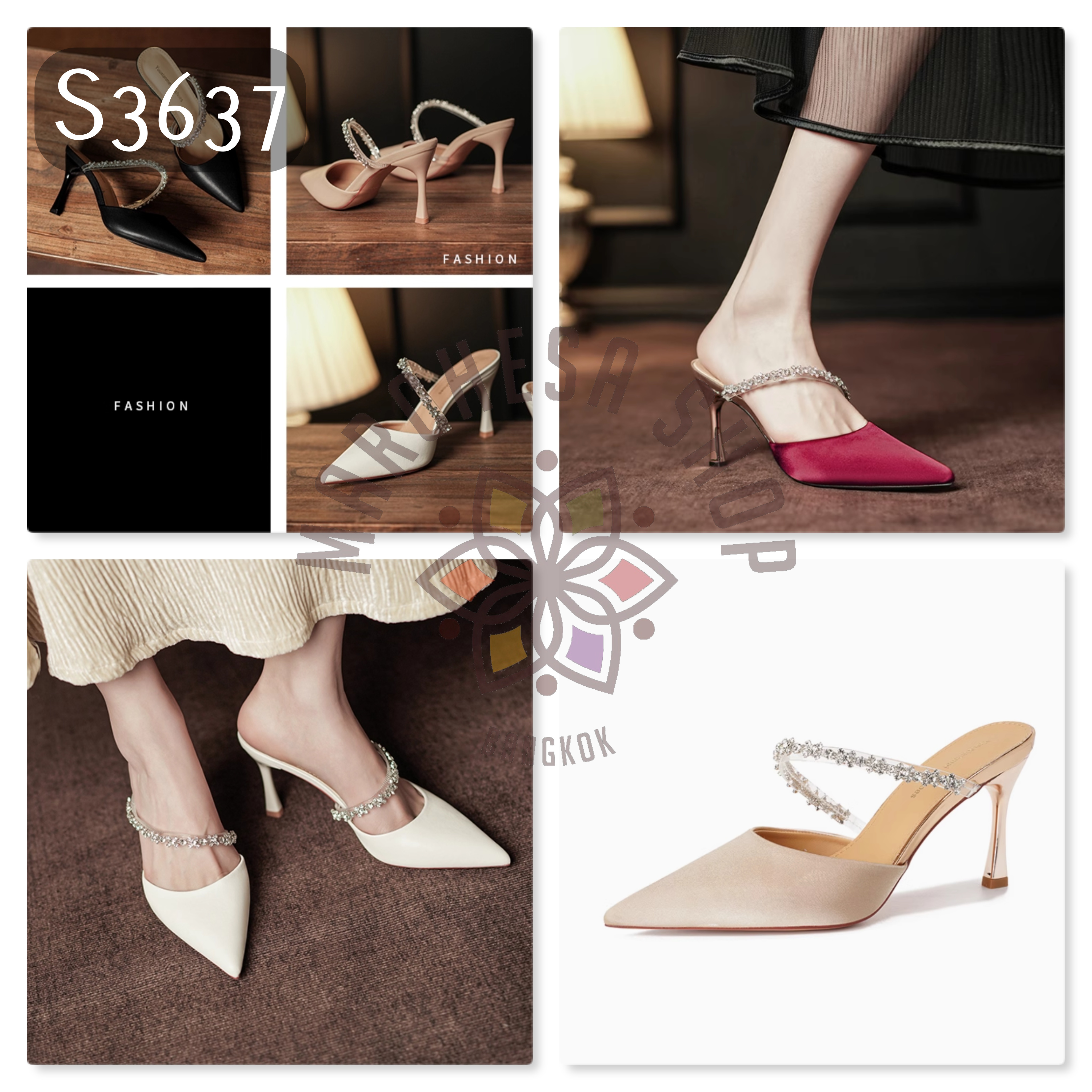 S3637 - 頭層羊皮高貴BlingBling尖頭高踭涼鞋 (兩種高度)
