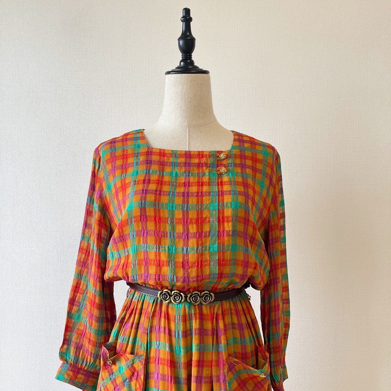 彩色七分袖格紋連身裙