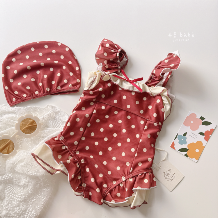 紅色波點飛袖泳裝