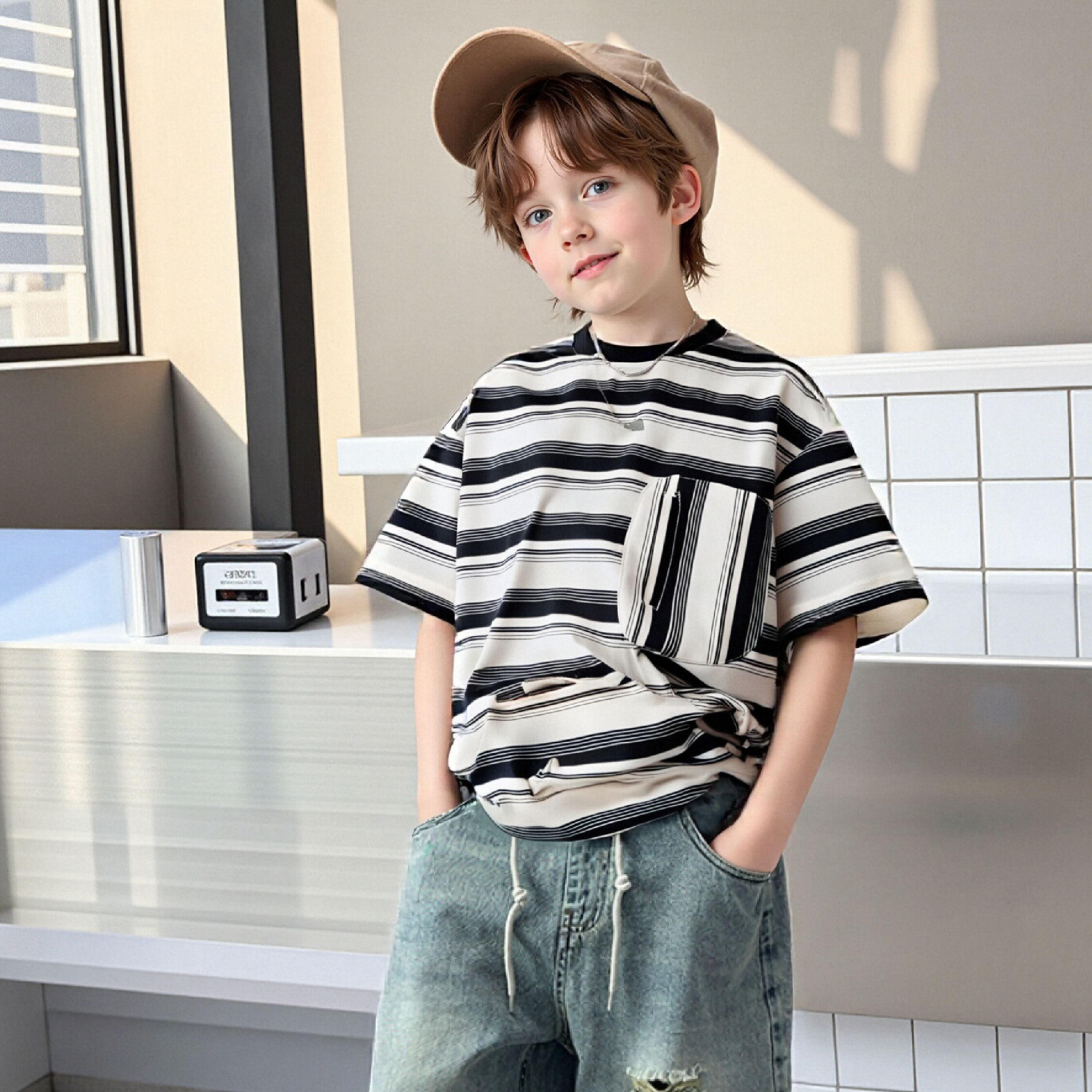 【H50866】經典條紋造型口袋上衣