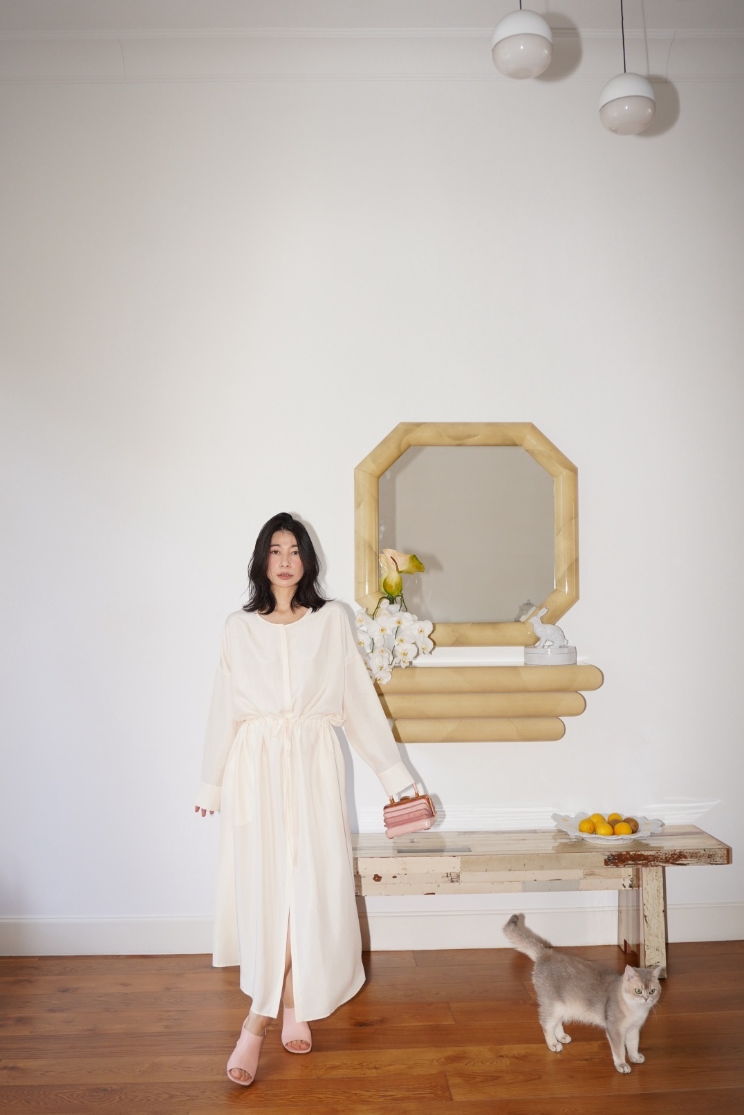 HANAA 新款淡黃色16MM真絲電力紡抽繩廓形連衣裙