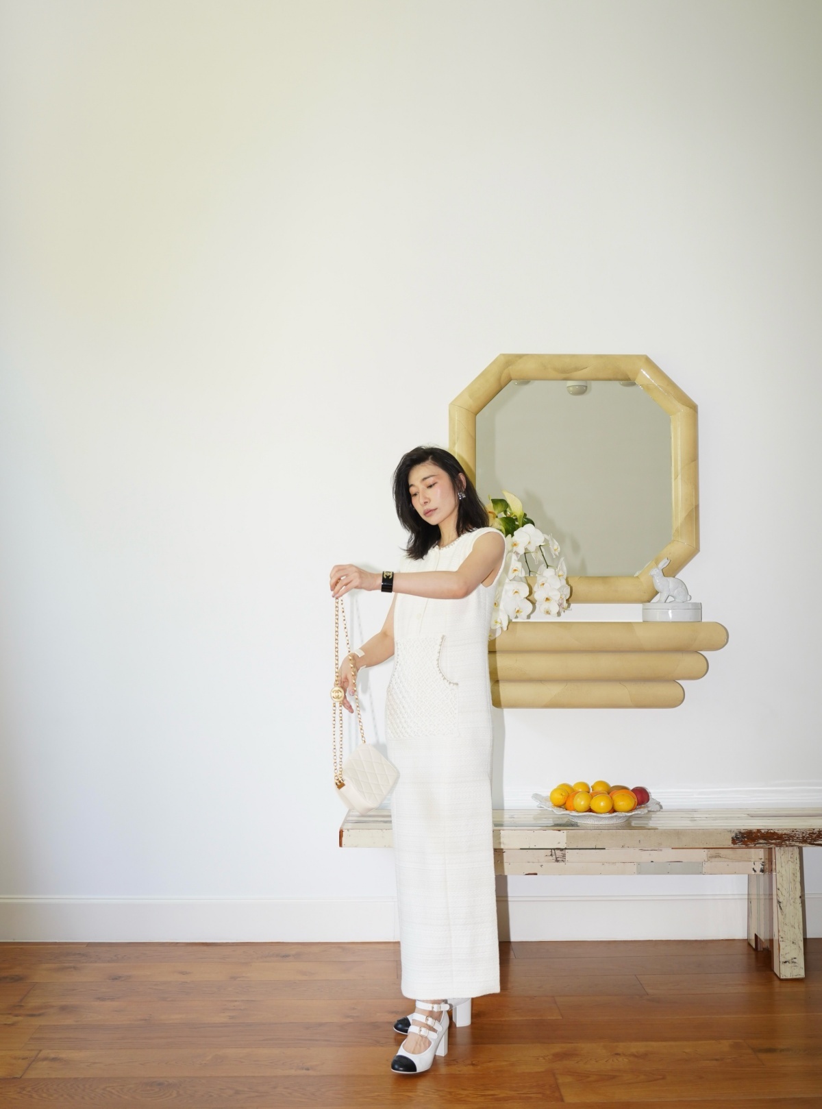 HANAA 新款米白色羊毛混紡重磅手工勾編釘珠連衣裙（贈手工勾編帽）