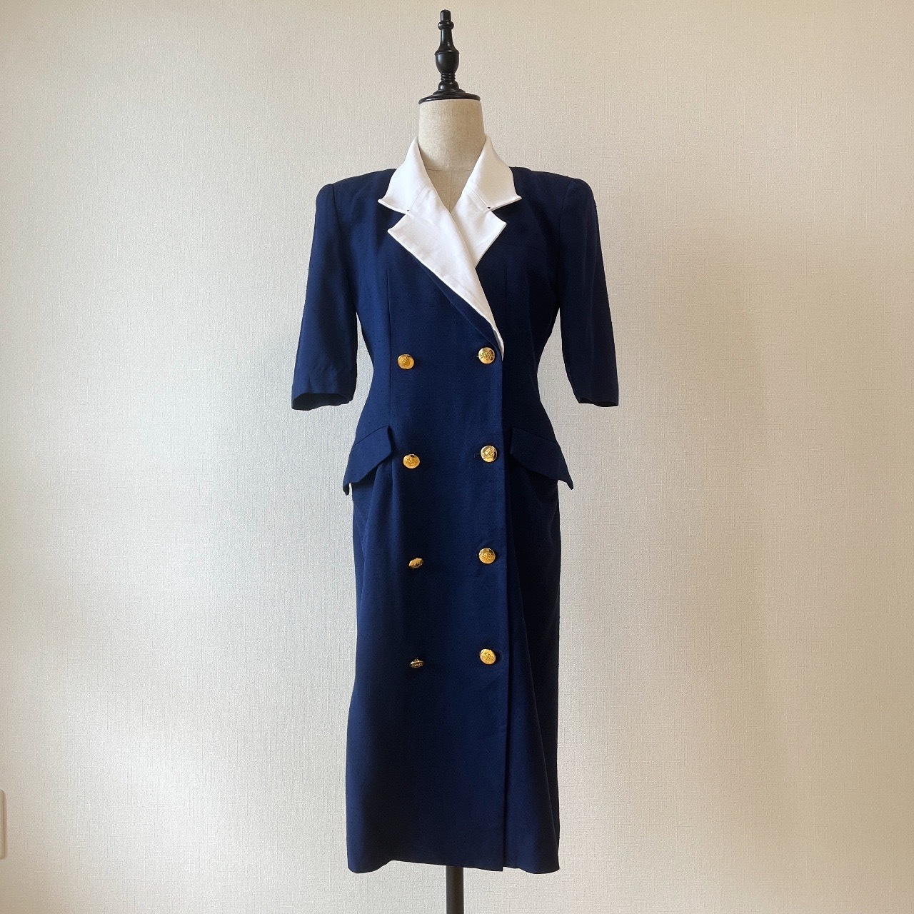 瑞士製深藍色孖襟西裝領連身裙