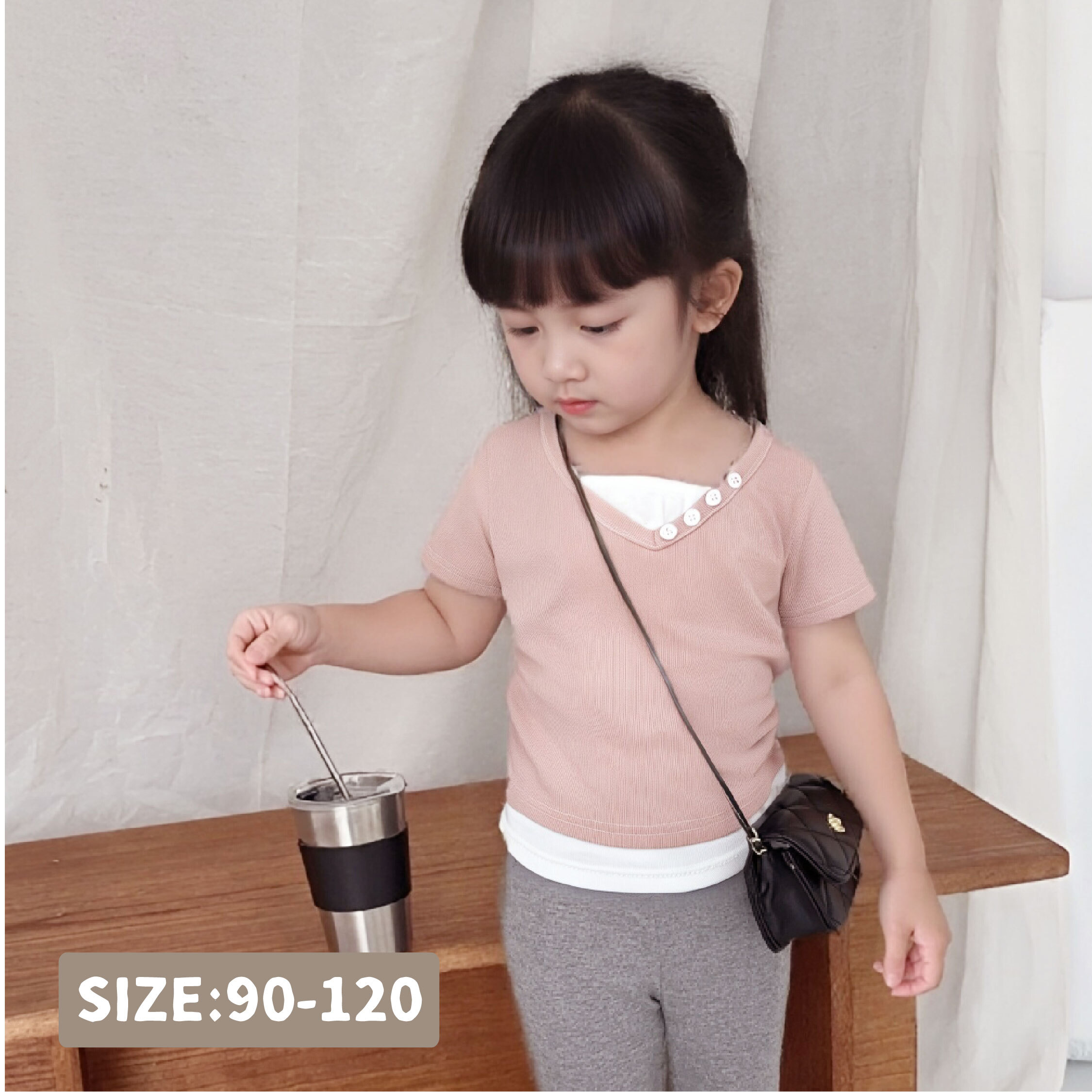 裝飾鈕釦側鬆緊假兩件上衣＊二色 (H50946)