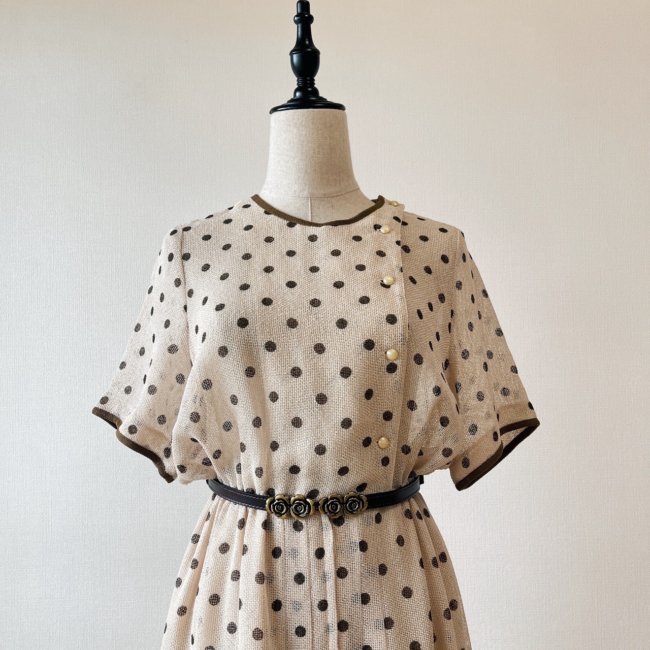 淺啡色波點古著連身裙