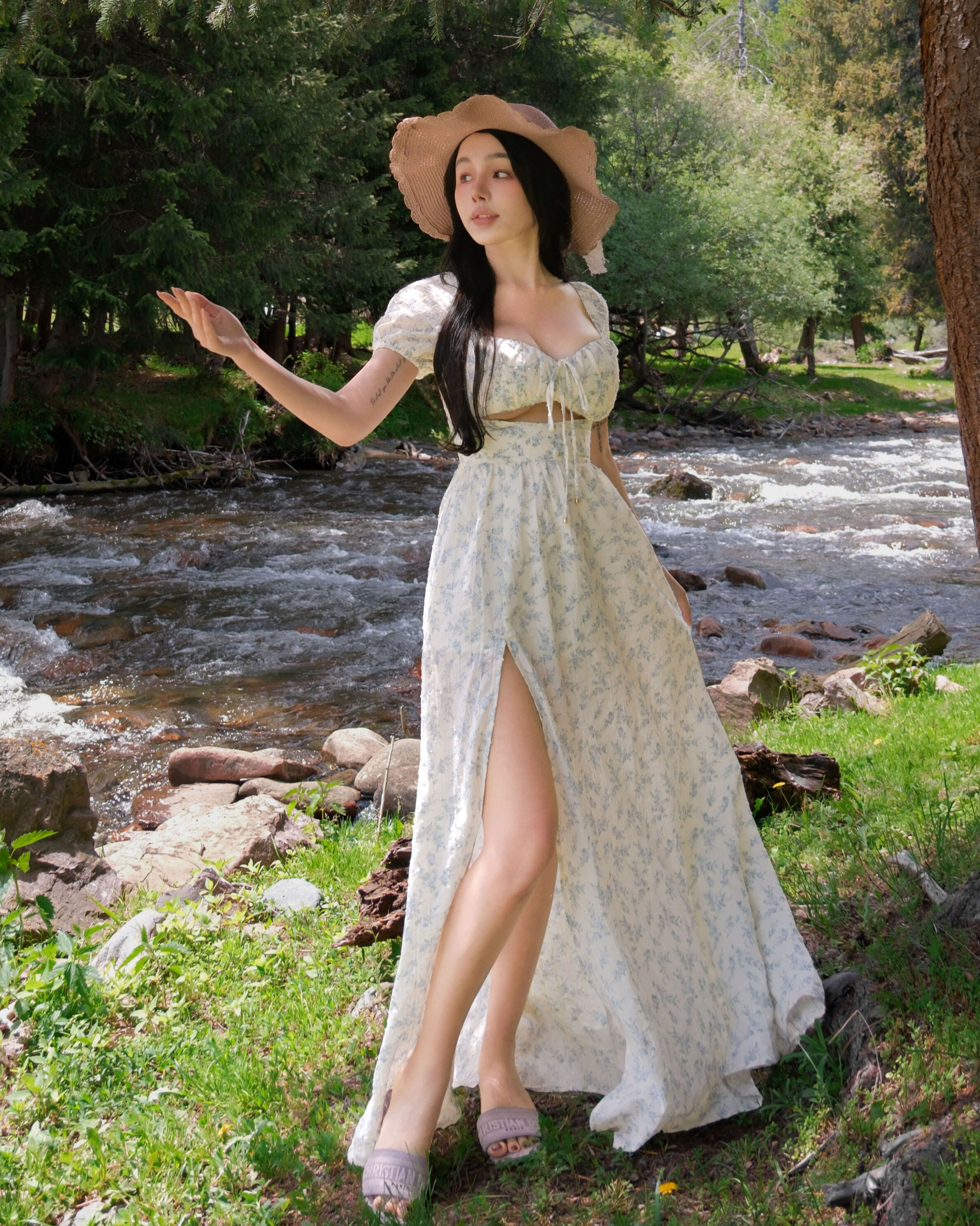 訂製-晨霧花園・公主袖鏤空開衩長洋