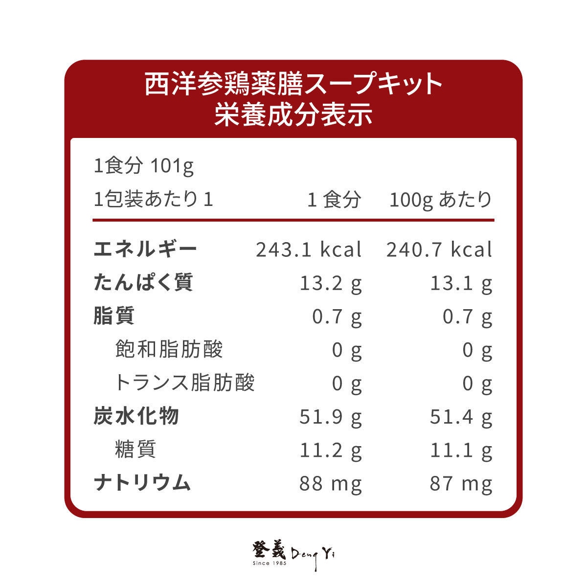 登義粉光參雞湯營養標示