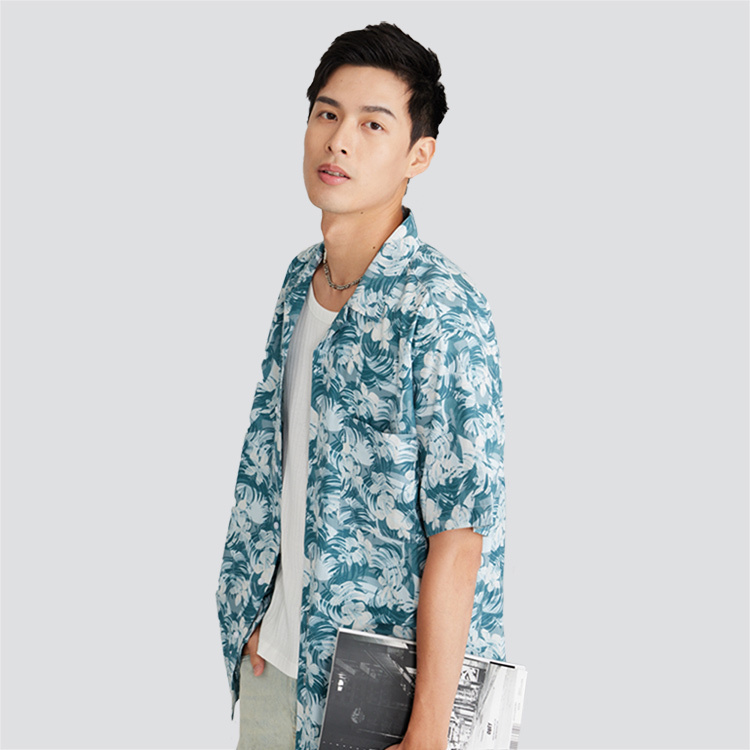 古巴領短袖花襯衫-綠