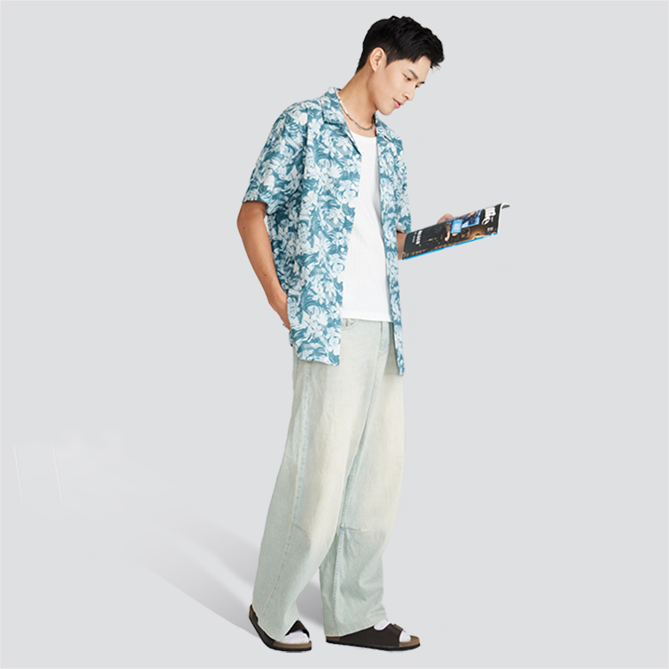 古巴領短袖花襯衫-綠