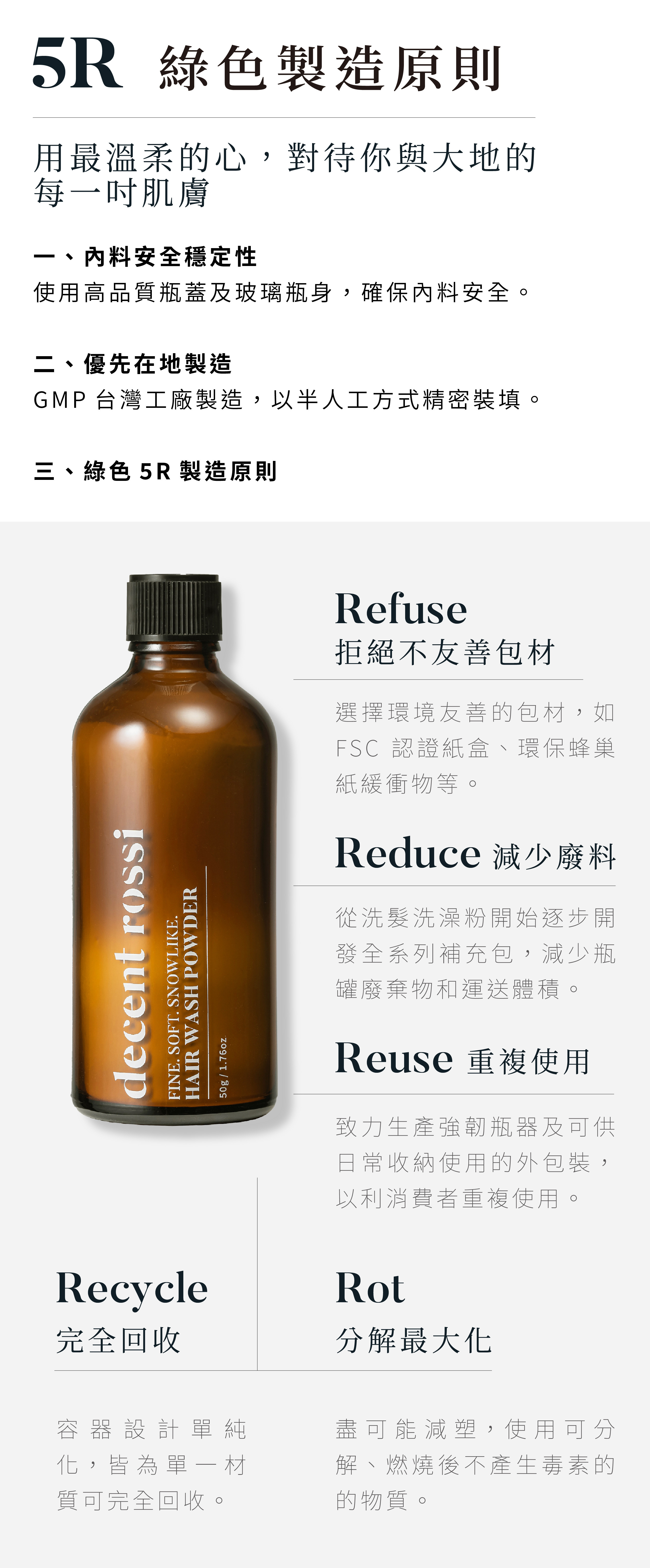 decent rossi 對於環保友善也是非常重視，在製作產品時堅持5R原則。