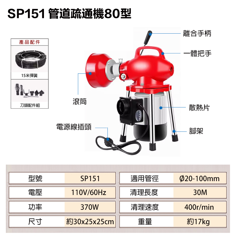附發票｜SP151｜管道疏通機80型 電動通管機 可用於居家水管廚房阻塞 含15米彈簧 刀頭配件組