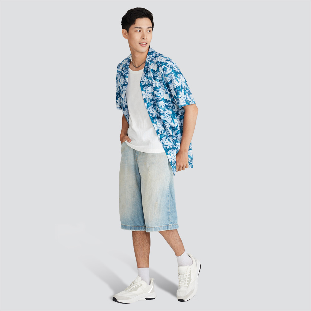 古巴領短袖花襯衫-藍