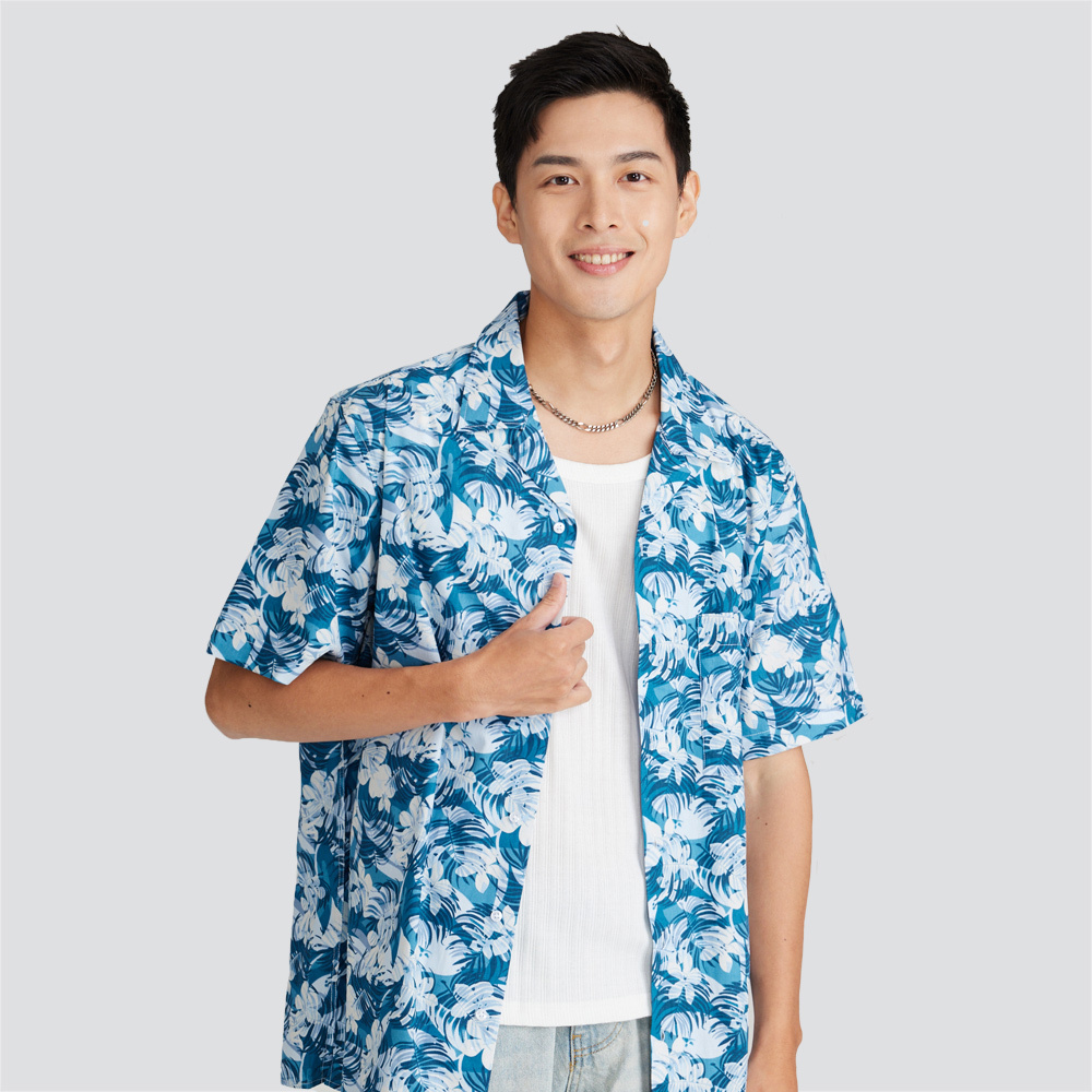 古巴領短袖花襯衫-藍