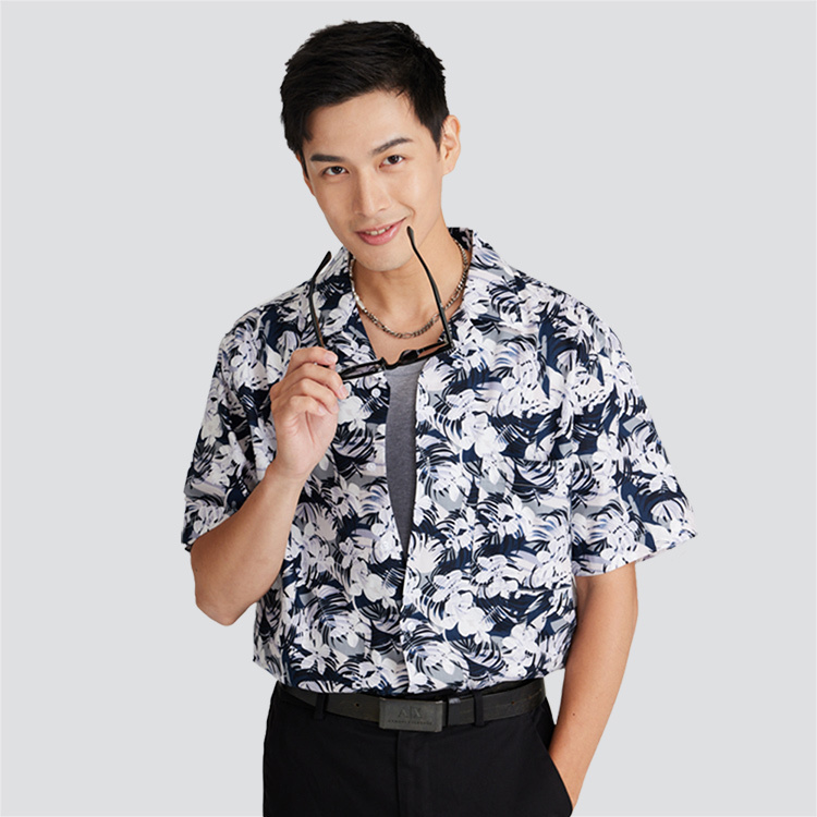 古巴領短袖花襯衫-丈青