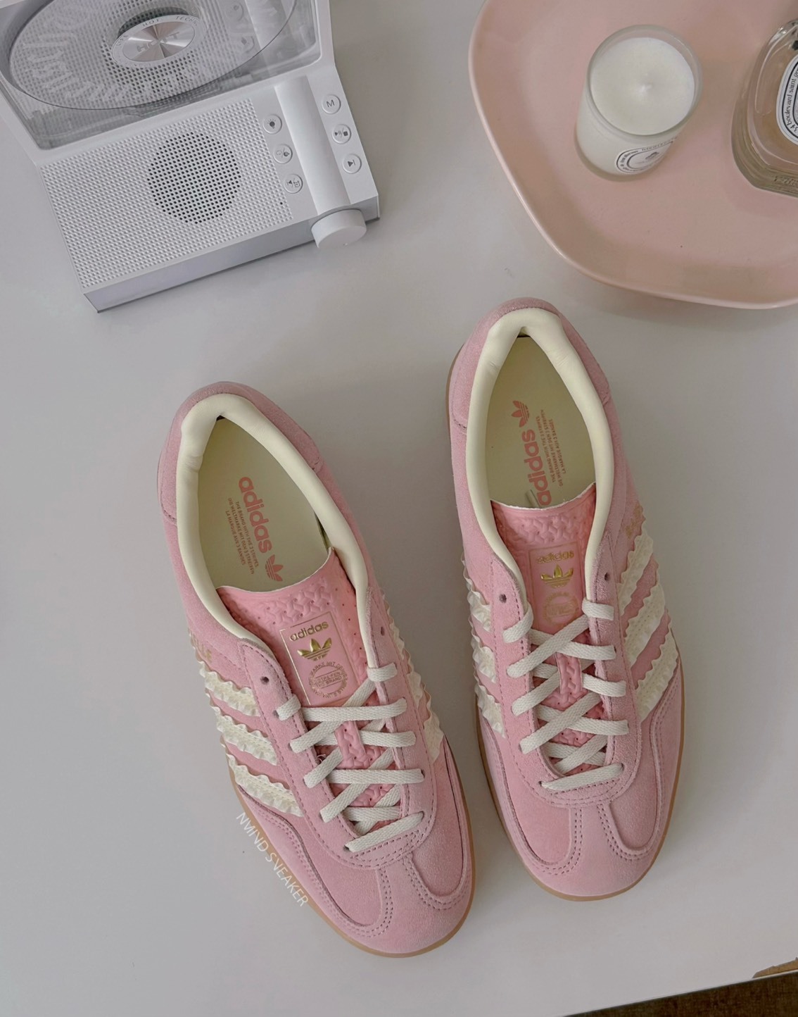 <公主的鞋🎀> Adidas Gazelle Indoor 奶油蜜桃粉 麂皮 緞帶荷葉邊