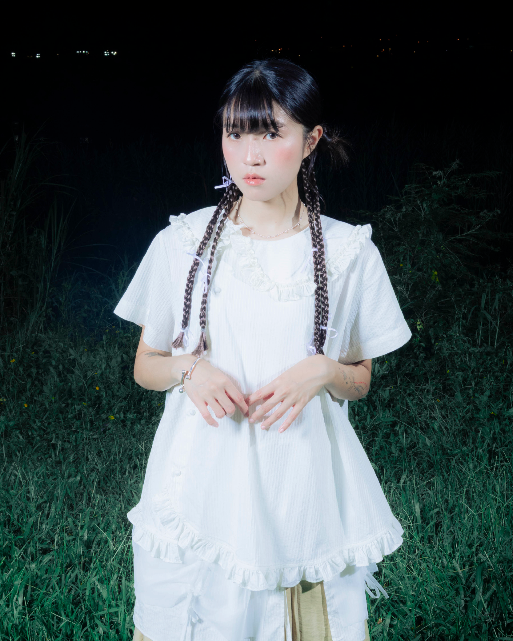 【 Kiki.co made 】ruffle collar two way short sleeve blouse - white striped