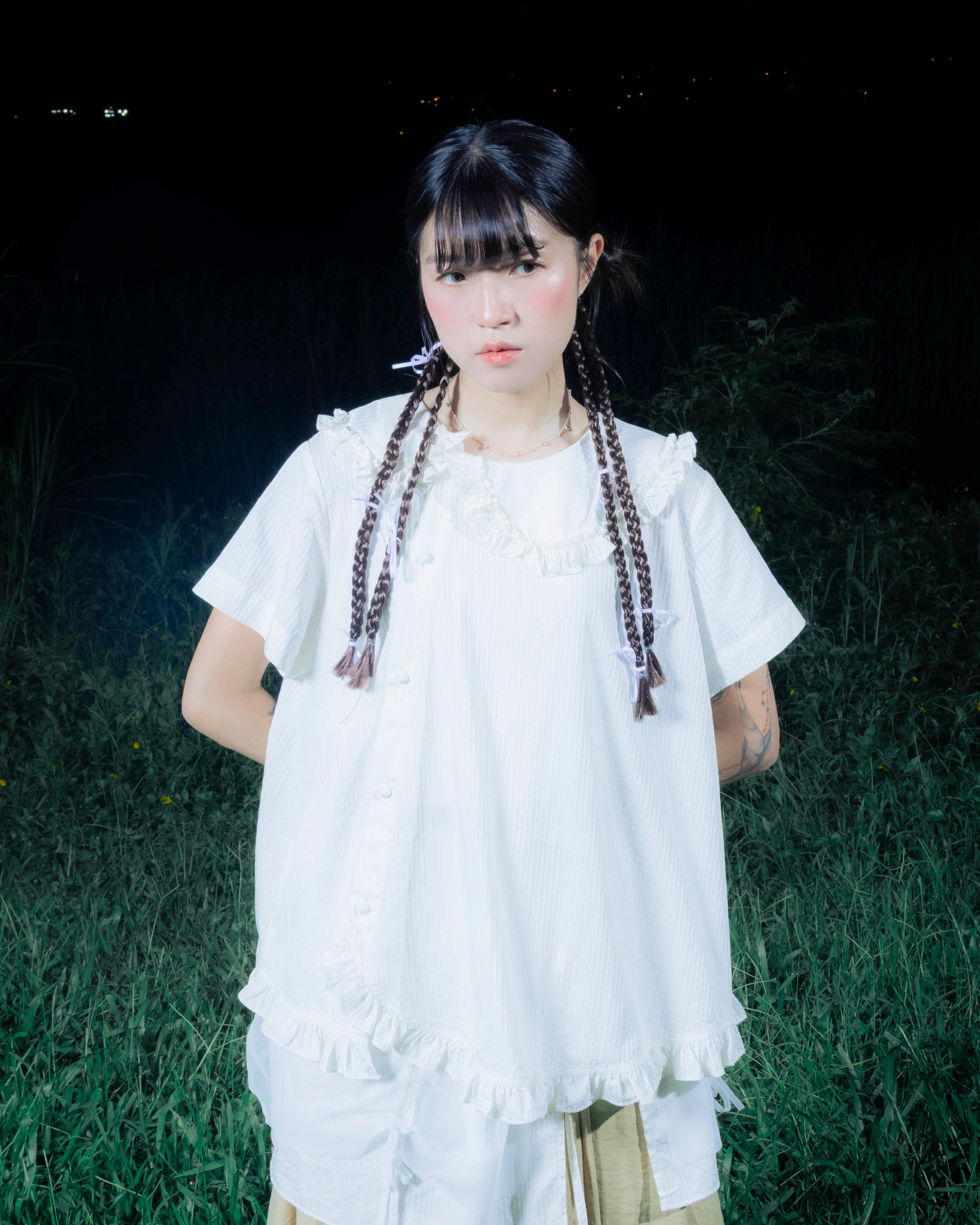 【 Kiki.co made 】ruffle collar two way short sleeve blouse - white striped