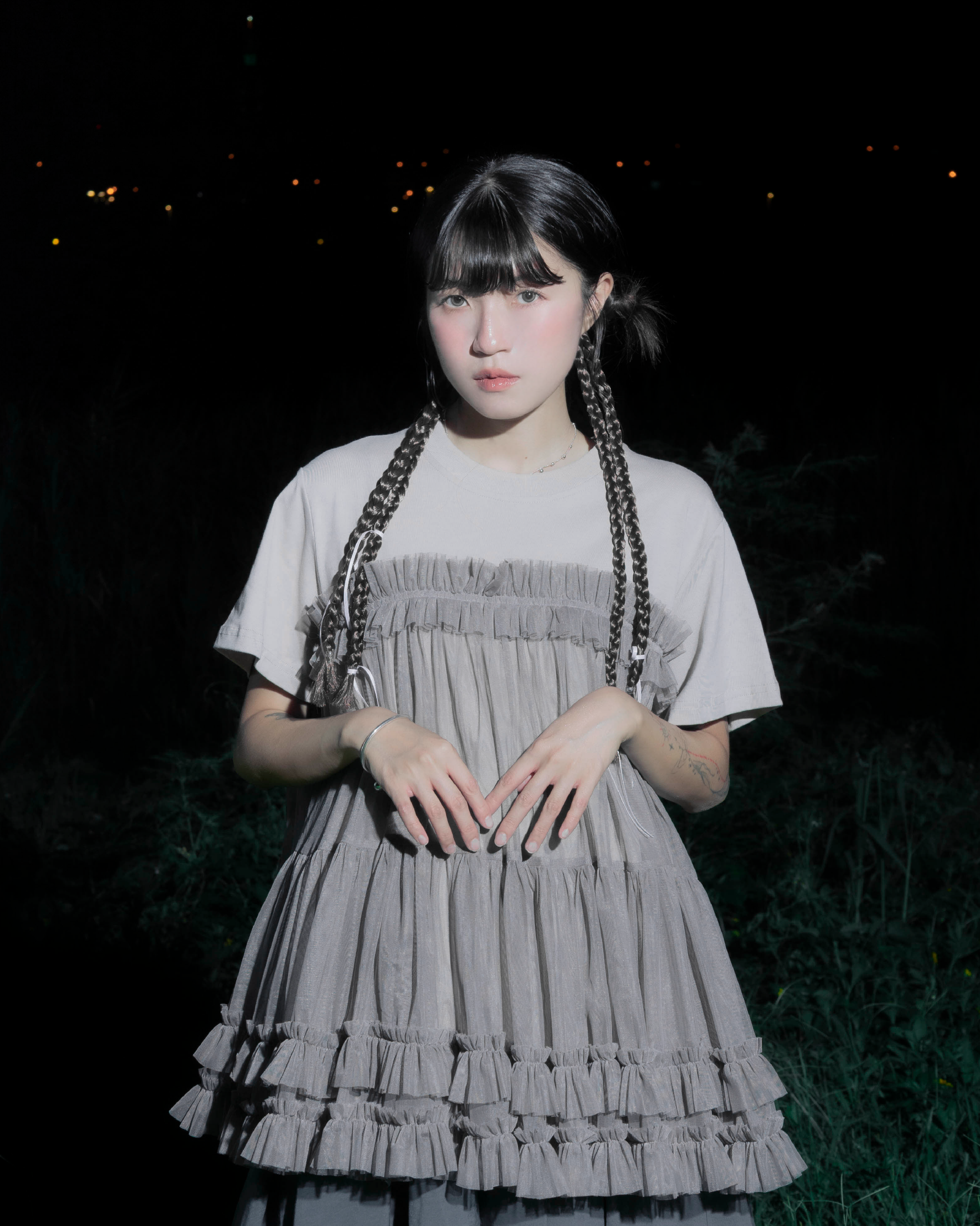 【 Kiki.co made 】layered mesh ruffle top - grey