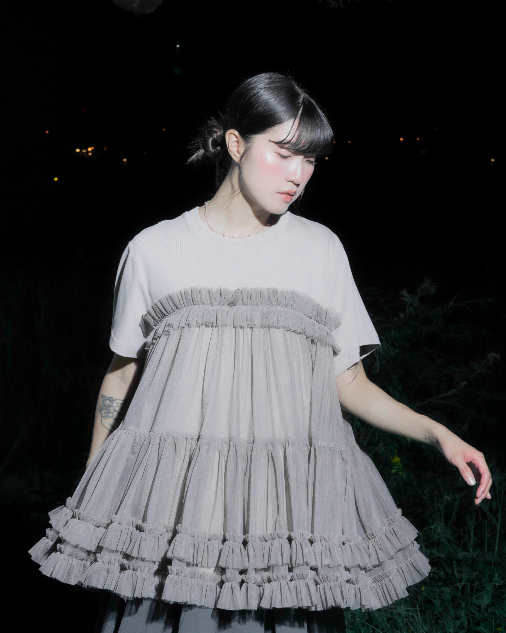 【 Kiki.co made 】layered mesh ruffle top - grey