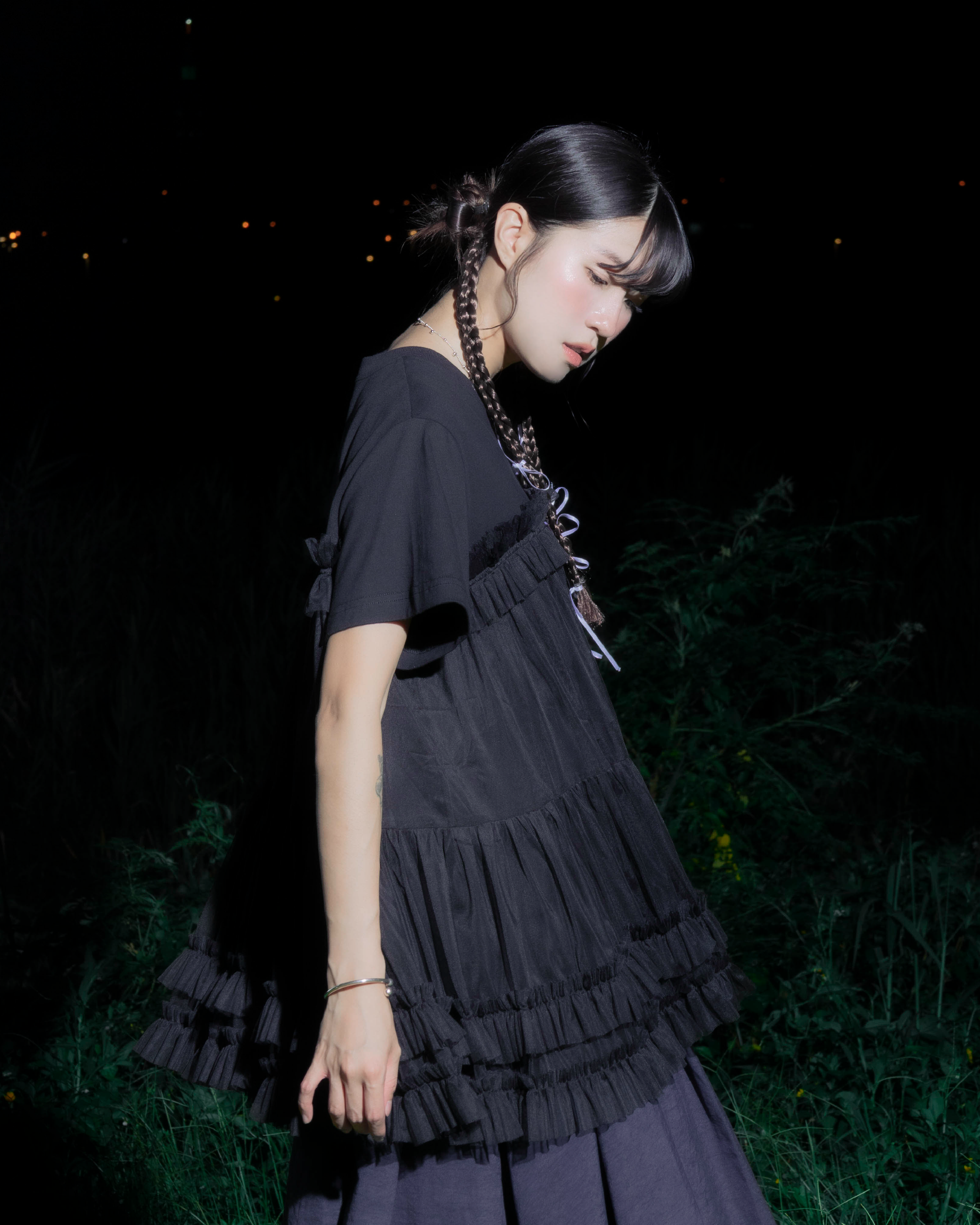 【 Kiki.co made 】layered mesh ruffle top - black