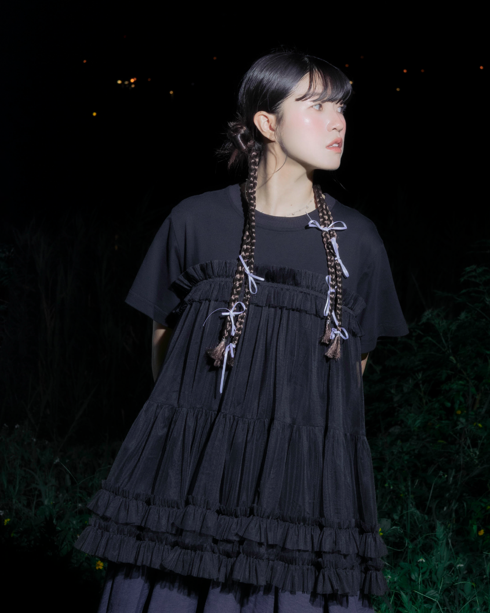 【 Kiki.co made 】layered mesh ruffle top - black