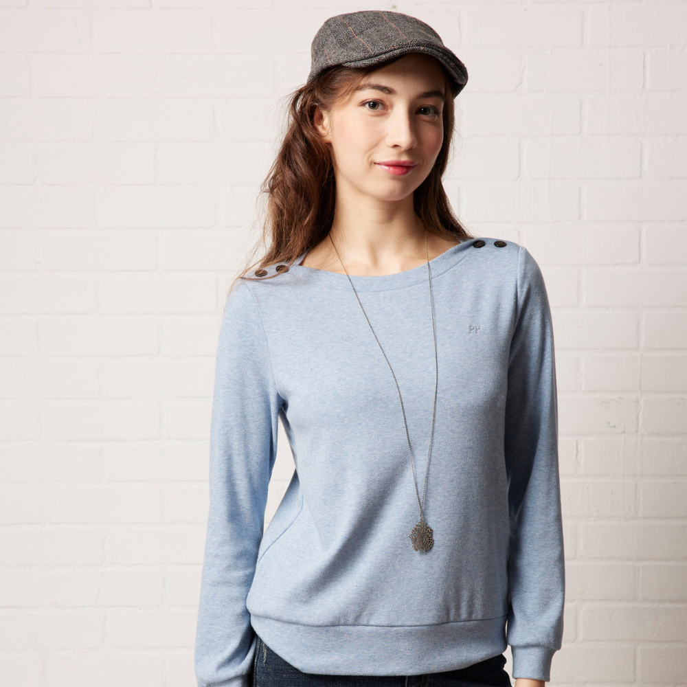 PIPPY百搭彈性一字領長袖上衣 藍