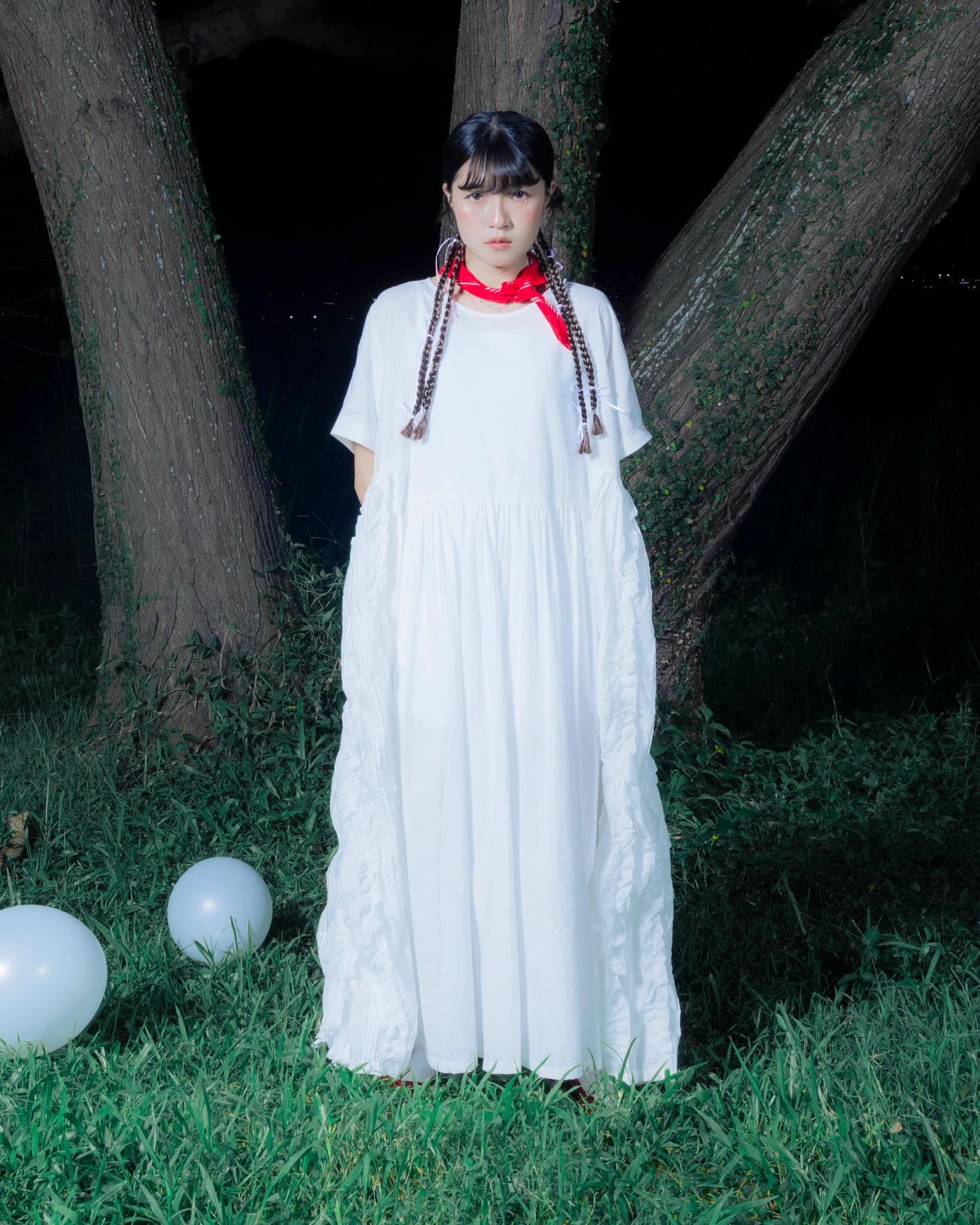 【 Kiki.co made 】patchwork ruffle onepiece - white