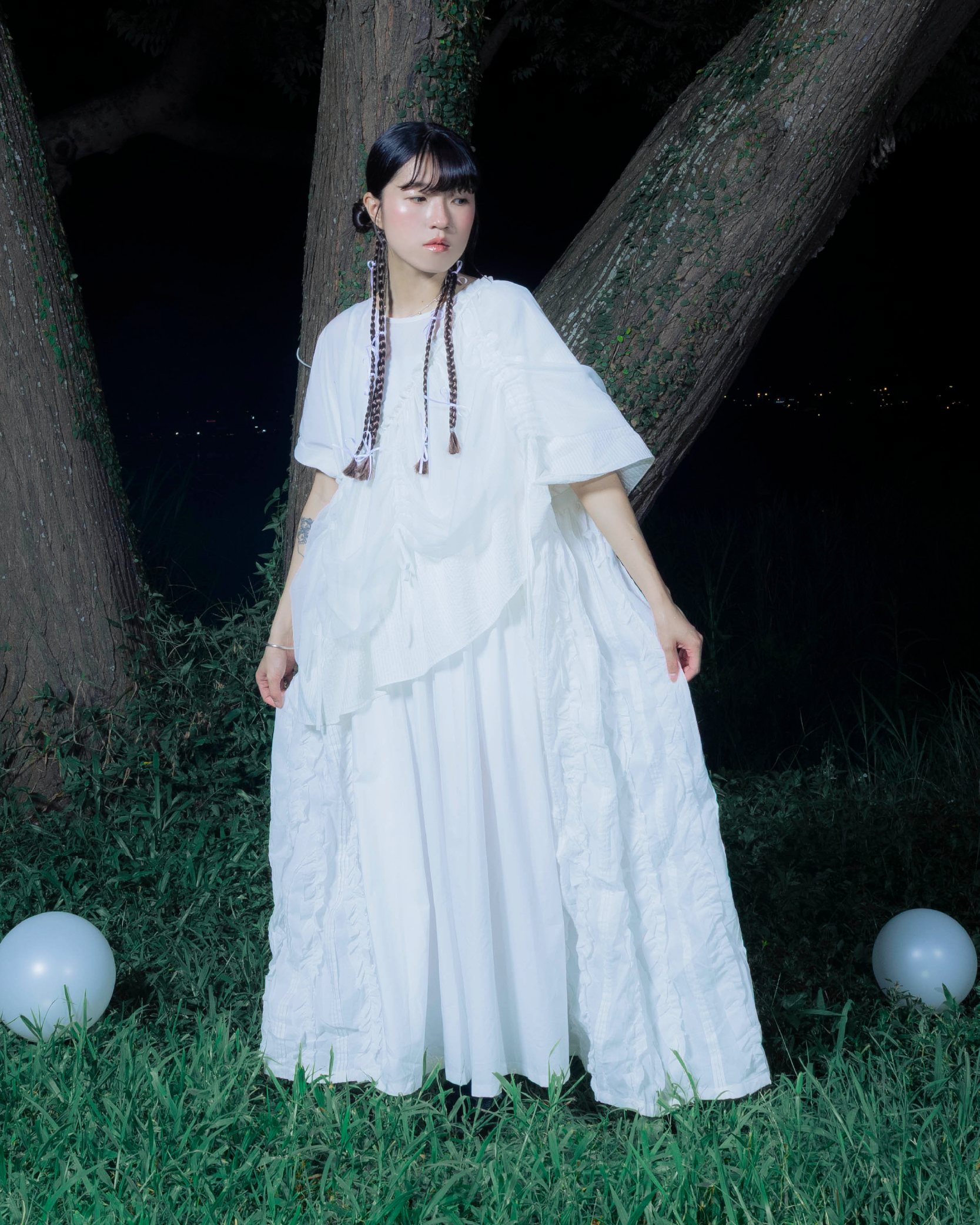 【 Kiki.co made 】patchwork ruffle onepiece - white