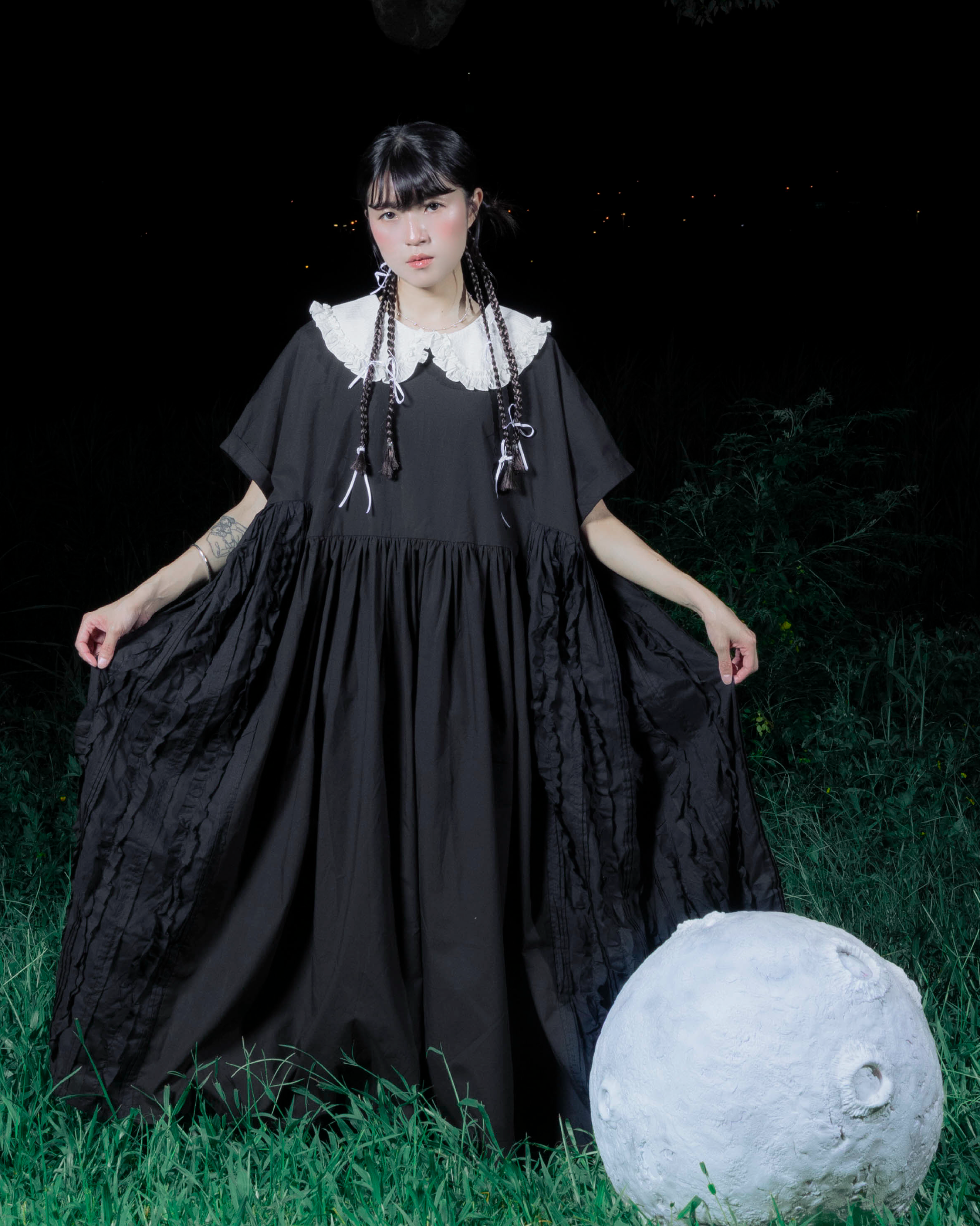 【 Kiki.co made 】patchwork ruffle onepiece - black