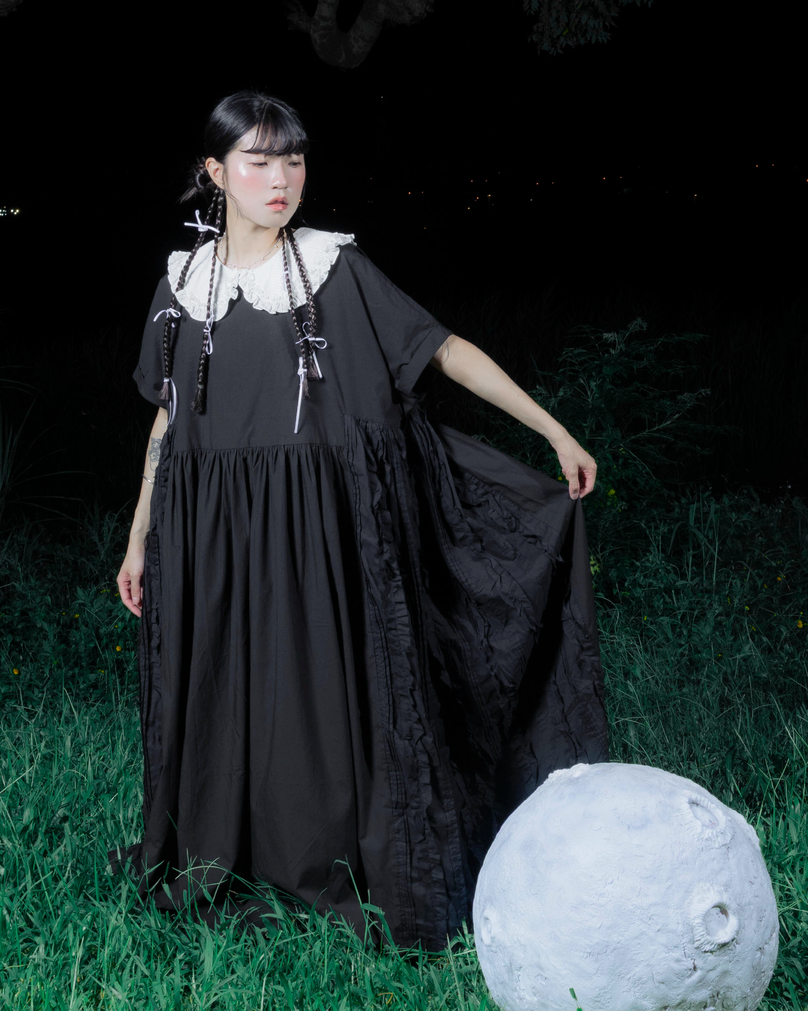 【 Kiki.co made 】patchwork ruffle onepiece - black