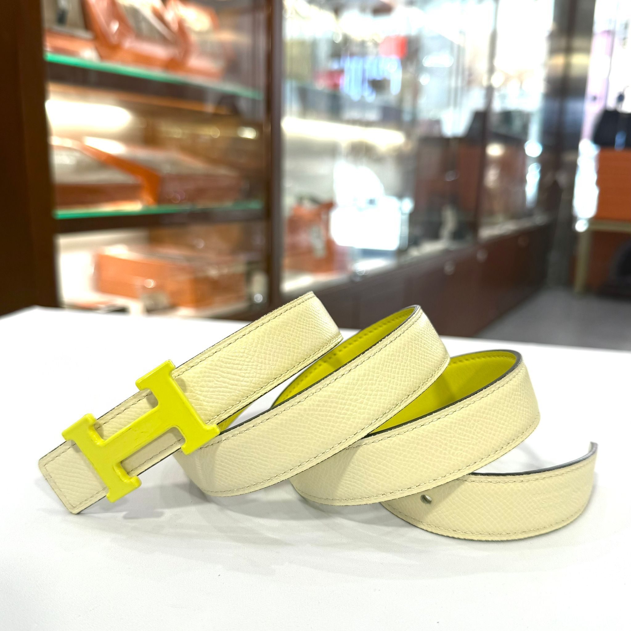 95%NEW二手HERMES皮帶 24mm 80碼 奶白色拼黃色 EPSOM皮 黃色陶瓷扣 BELT #香榭站正品