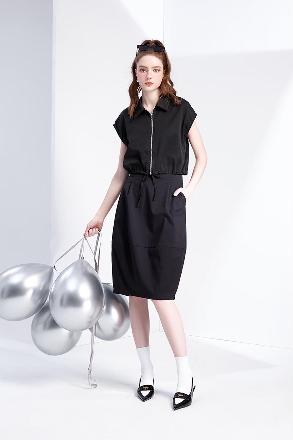 OL韓版時尚開襟拉鍊綁帶設計短版外套式上衣W6381