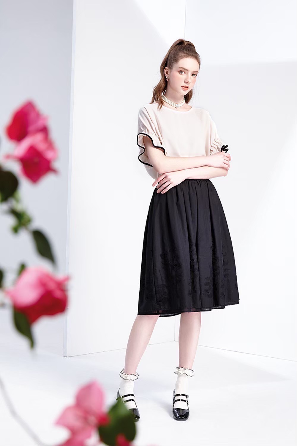 韓版宮廷風優雅氣質綉花打褶層次造型鬆緊裙W6501