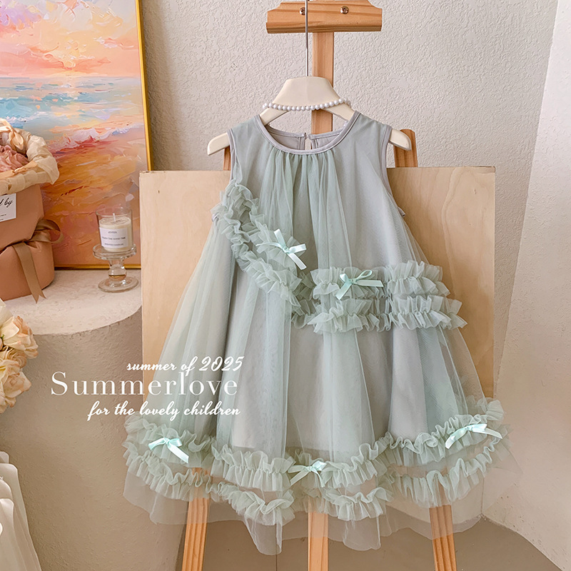 無袖蝴蝶結花邊抓紗洋裝 90-140cm #T25167