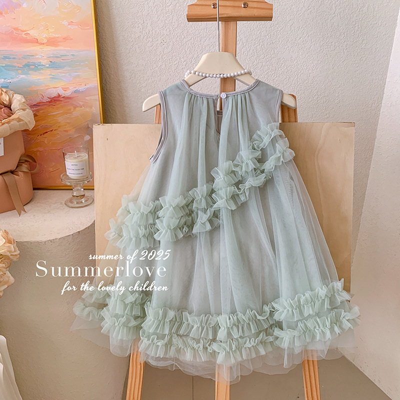 無袖蝴蝶結花邊抓紗洋裝 90-140cm #T25167