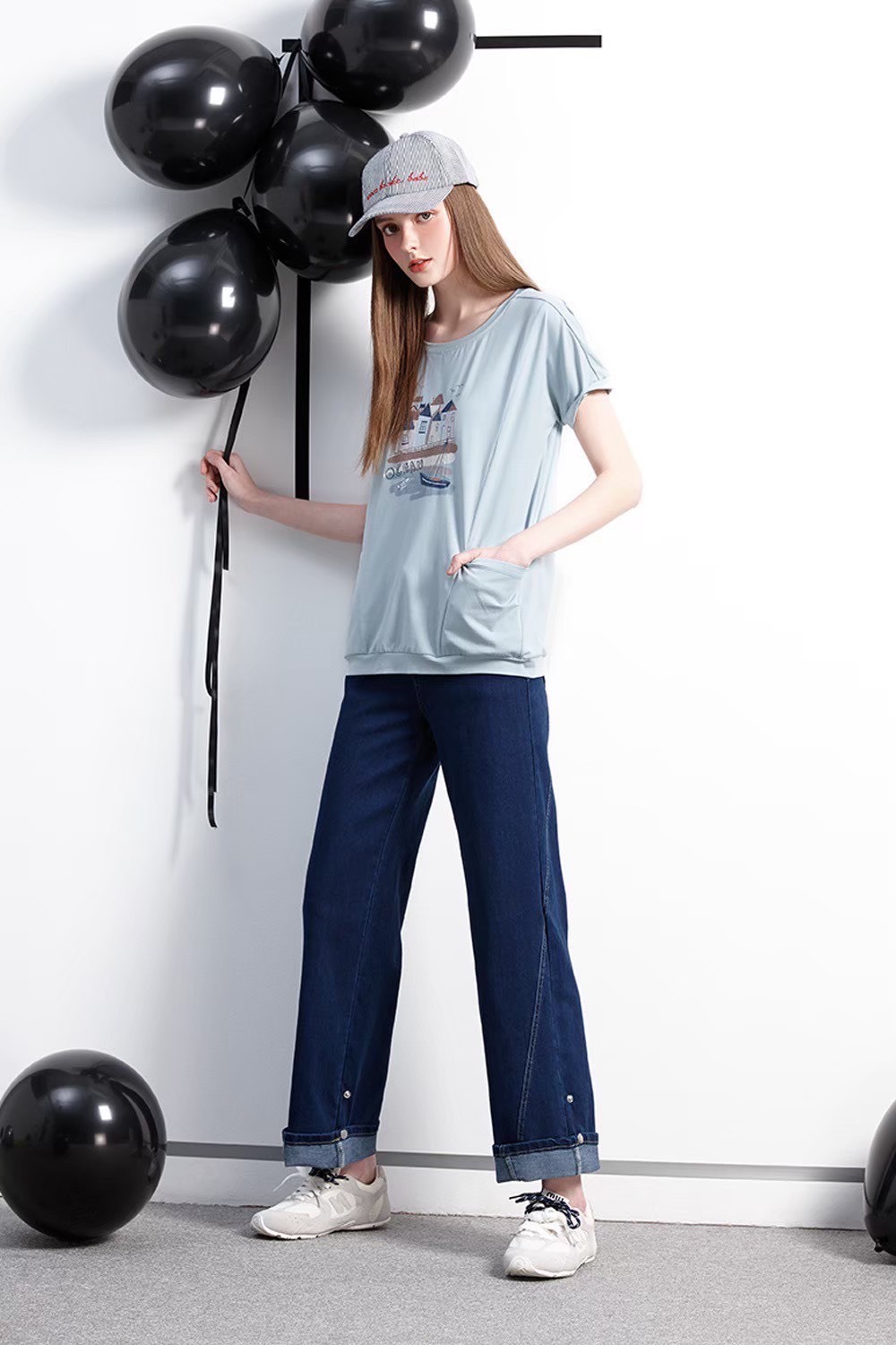 韓版海洋風房子帆船圖大口袋設計修身顯瘦長版棉T W6722