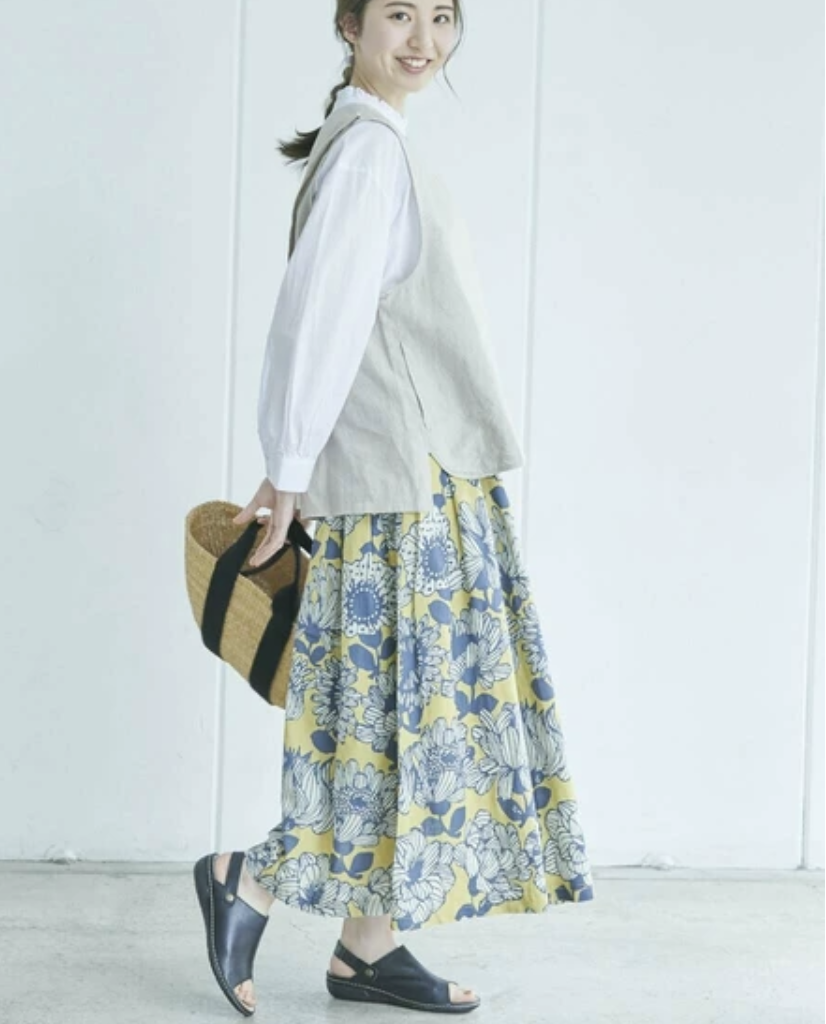 北歐風黃拼淺藍色夏日花影綿麻長裙【日本直送】