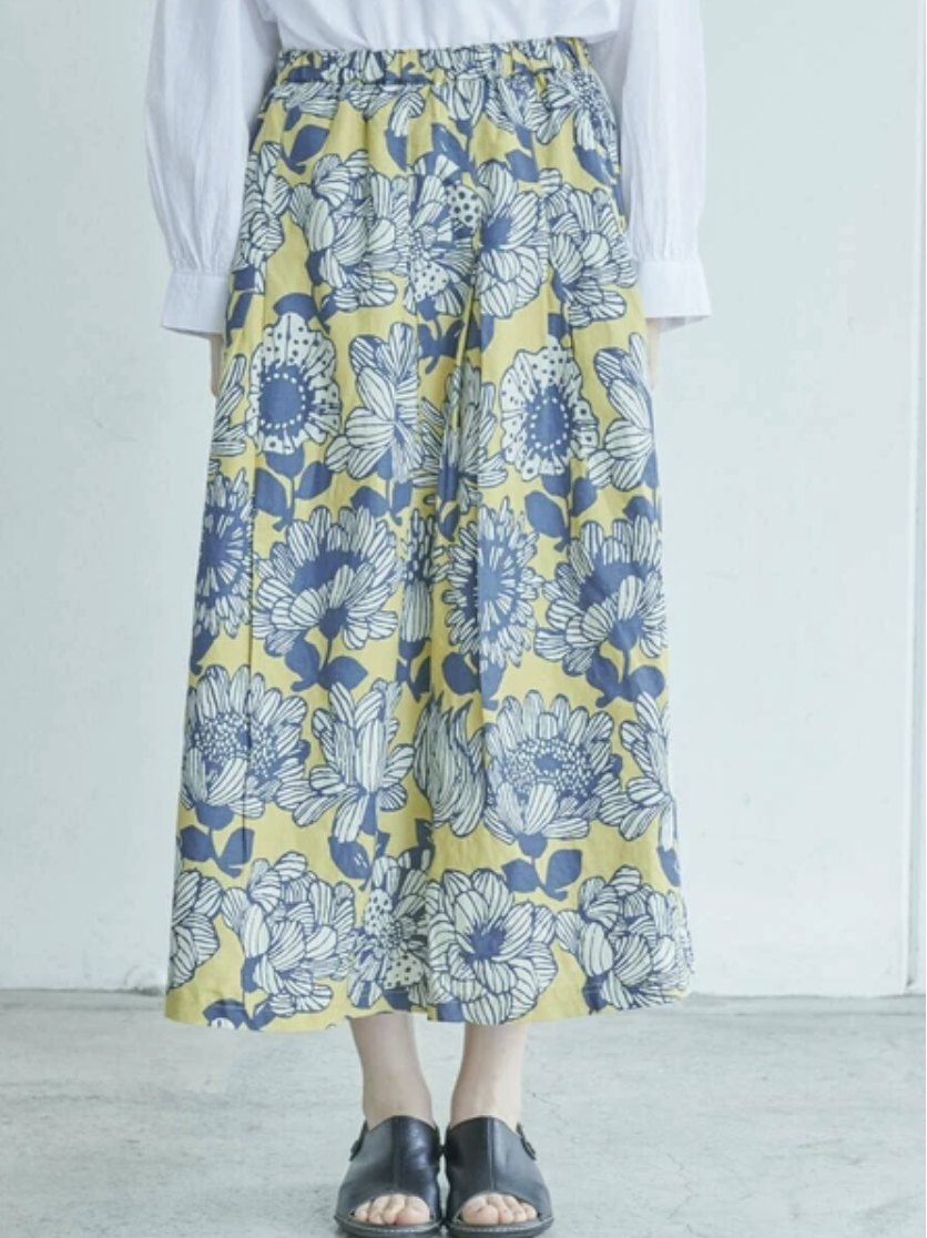 北歐風黃拼淺藍色夏日花影綿麻長裙【日本直送】