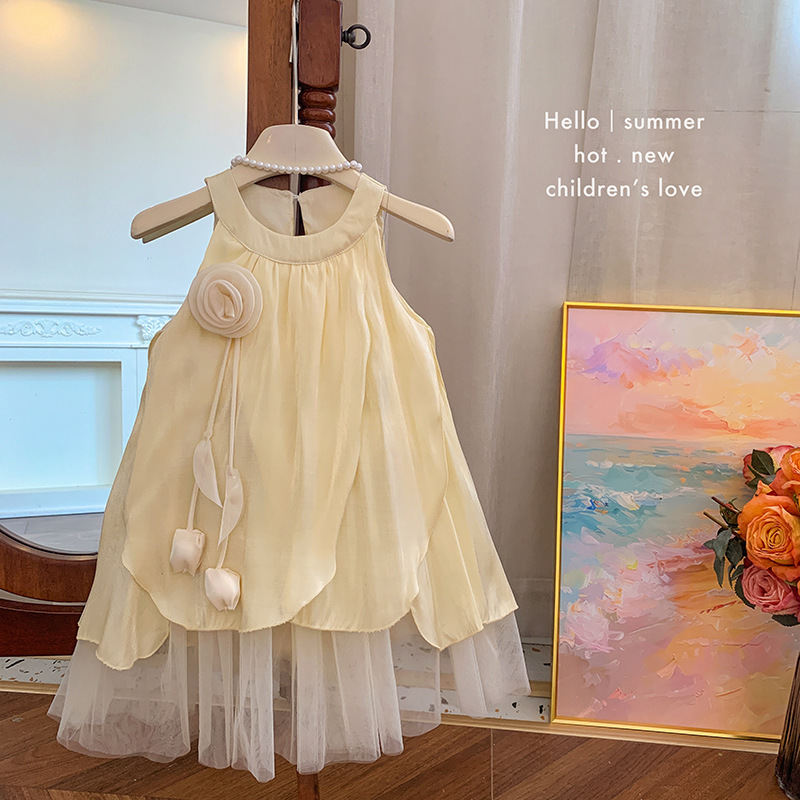 現貨 100cm 削肩袖花朵花瓣拼接洋裝 90-140cm #T25203