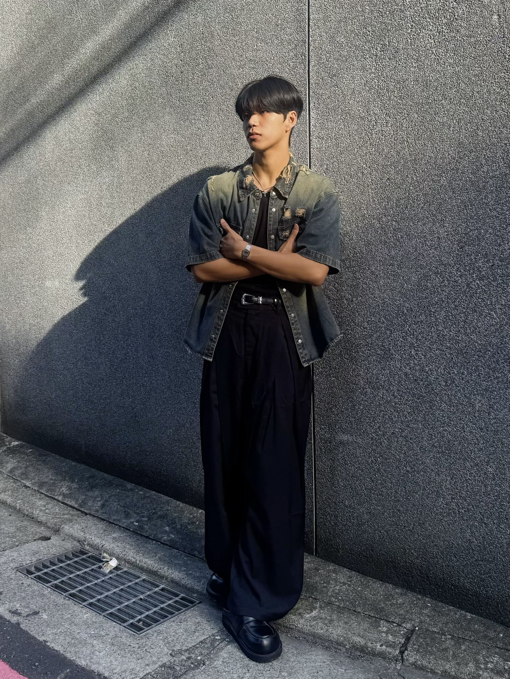 水洗破壞刷破漸層牛仔襯衫